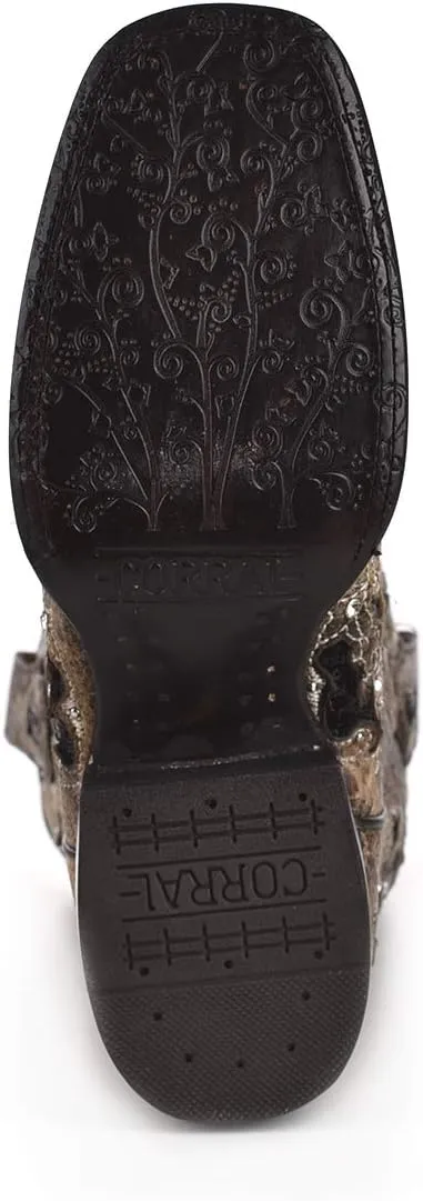 CORRAL A3648 Floral Embroidered Glitter Inlay and Studs Square Toe Boots