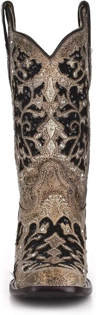 CORRAL A3648 Floral Embroidered Glitter Inlay and Studs Square Toe Boots