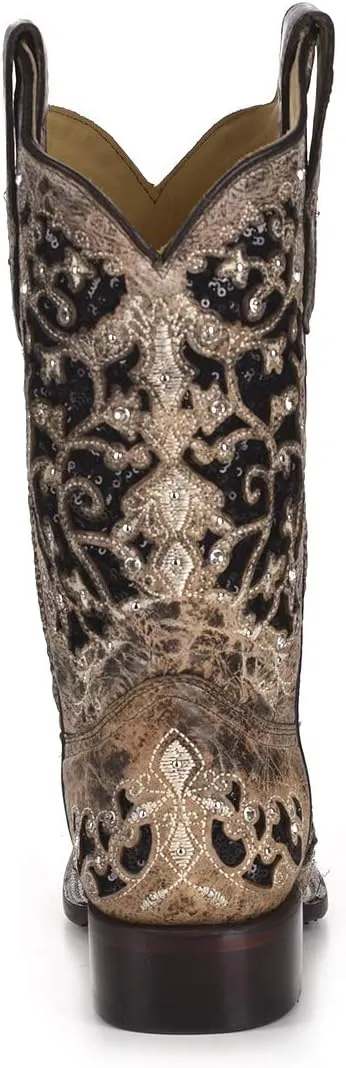 CORRAL A3648 Floral Embroidered Glitter Inlay and Studs Square Toe Boots
