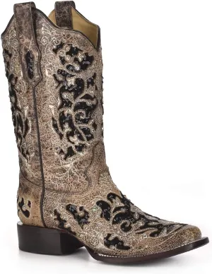 CORRAL A3648 Floral Embroidered Glitter Inlay and Studs Square Toe Boots