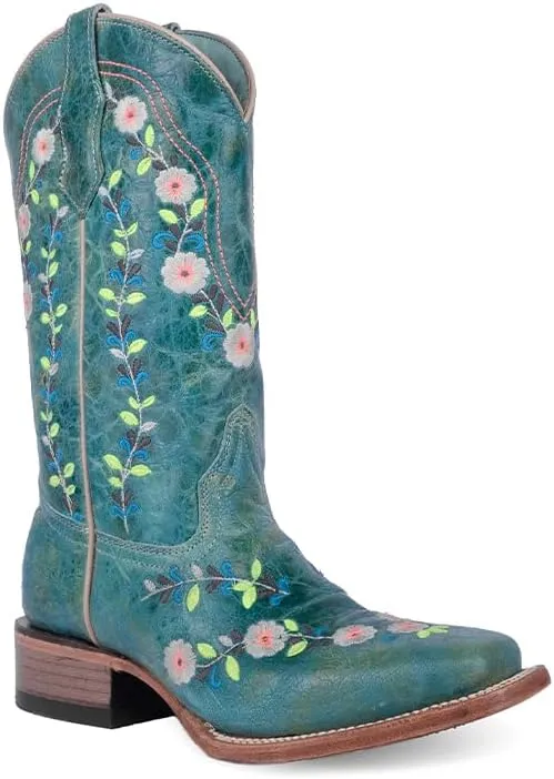 CORRAL TEEN'S TURQUOISE FLOWERED EMBROIDERY SQ TOE GLOW COLLECTION, CORRAL 43.8 X 34.8 X 11.0 SOLE,COWHIDE LEATHER, WESTERN BOOT, T0158