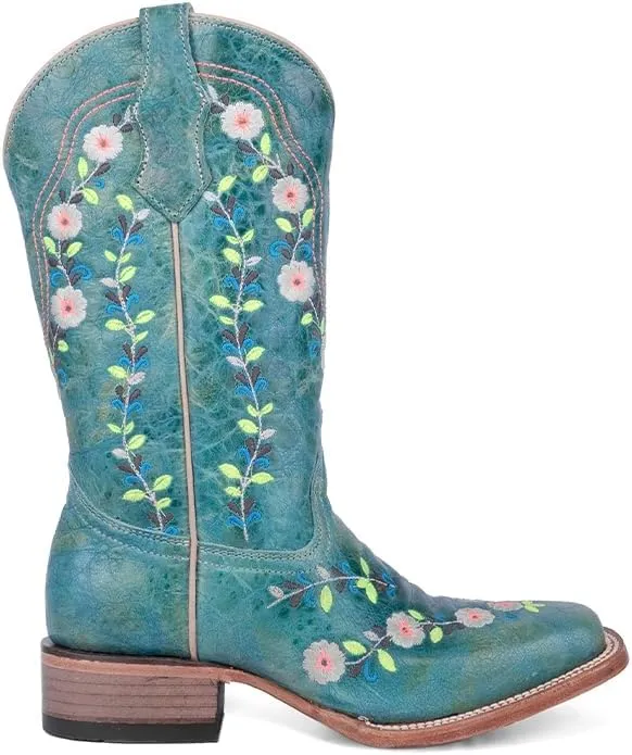 CORRAL TEEN'S TURQUOISE FLOWERED EMBROIDERY SQ TOE GLOW COLLECTION, CORRAL 43.8 X 34.8 X 11.0 SOLE,COWHIDE LEATHER, WESTERN BOOT, T0158
