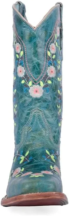 CORRAL TEEN'S TURQUOISE FLOWERED EMBROIDERY SQ TOE GLOW COLLECTION, CORRAL 43.8 X 34.8 X 11.0 SOLE,COWHIDE LEATHER, WESTERN BOOT, T0158