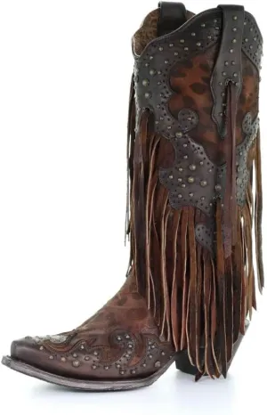 CORRAL Women's A3618 13" Leopard Stud and Fringe Snip Toe Handmade Pull-On Fashionable Leather Western Cowboy/Cowgirl Boots