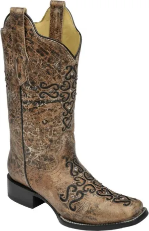 Corral Women's Distressed Bronze Crystal Embroidered Cross Square Toe Cowgirl Boots R1288 (8 B(M) US)