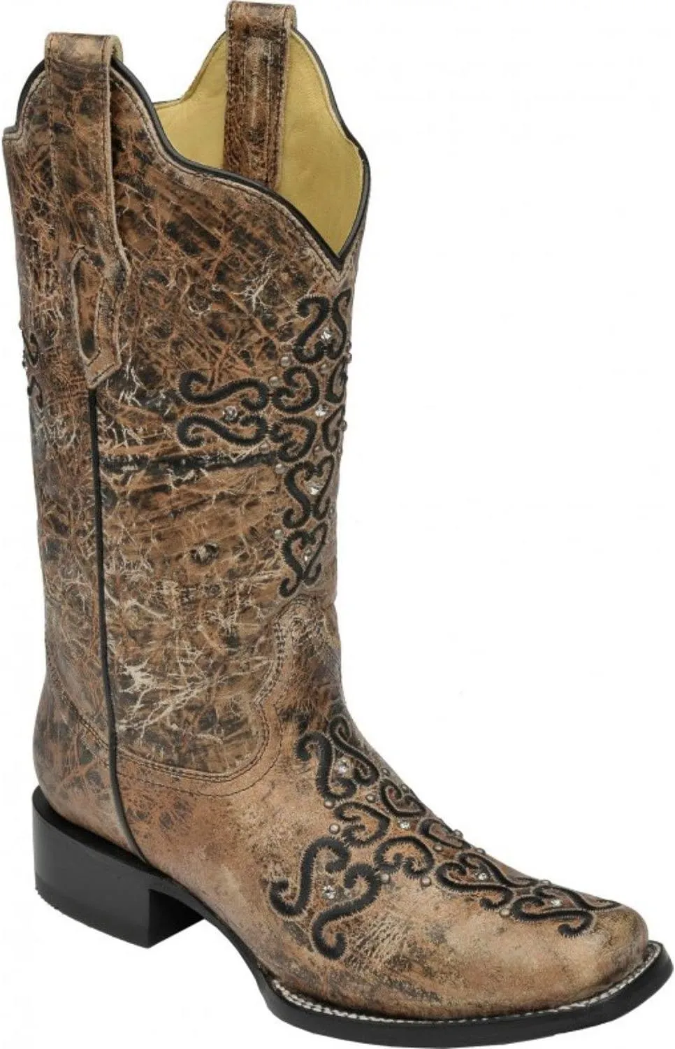 Corral Women's Distressed Bronze Crystal Embroidered Cross Square Toe Cowgirl Boots R1288 (8 B(M) US)