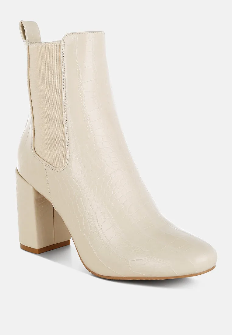 Croc Textured Block Heeled Chelsea Boots By RAG