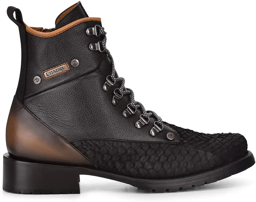 Cuadra Men's Mining Boot in Genuine Pirarucu Leather and Bovine Leather with Laces and Zipper
