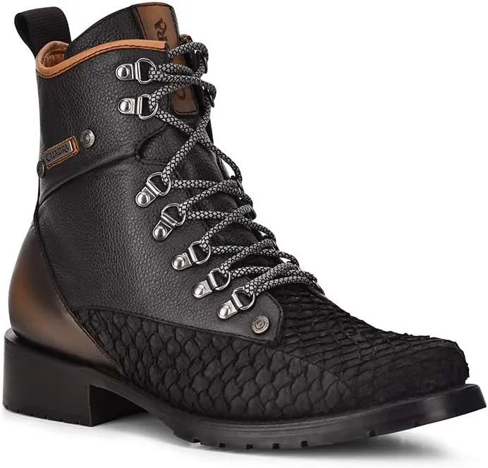 Cuadra Men's Mining Boot in Genuine Pirarucu Leather and Bovine Leather with Laces and Zipper