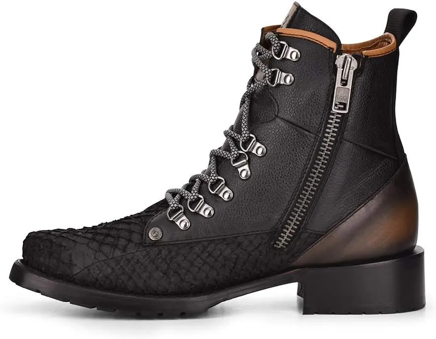 Cuadra Men's Mining Boot in Genuine Pirarucu Leather and Bovine Leather with Laces and Zipper