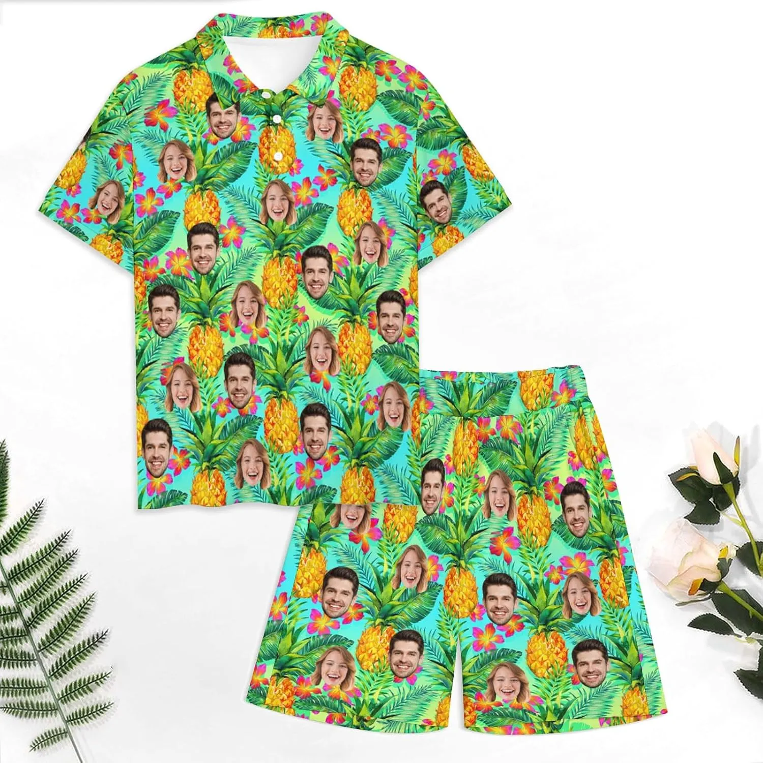 D-Story Custom Face Matching Couple Hawaiian Set Luau Party Outfit Personalized Shirt Shorts Dress with Photo Valentine Gift