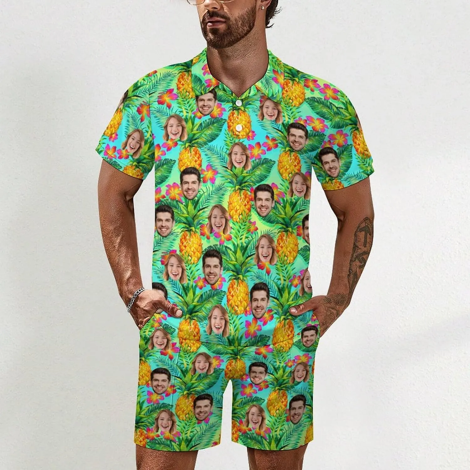 D-Story Custom Face Matching Couple Hawaiian Set Luau Party Outfit Personalized Shirt Shorts Dress with Photo Valentine Gift