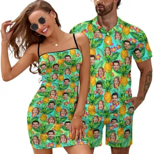 D-Story Custom Face Matching Couple Hawaiian Set Luau Party Outfit Personalized Shirt Shorts Dress with Photo Valentine Gift