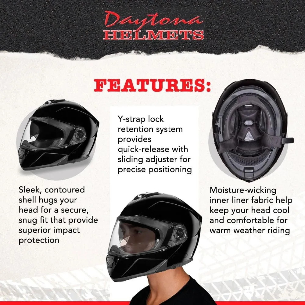 Daytona Helmets Glide Modular Motorcycle Helmet - DOT Approved Flip Up Motorcycle Helmet - Bluetooth Ready Full Face Motorcycle Helmet with Dual Visors for Men, Women & Youth