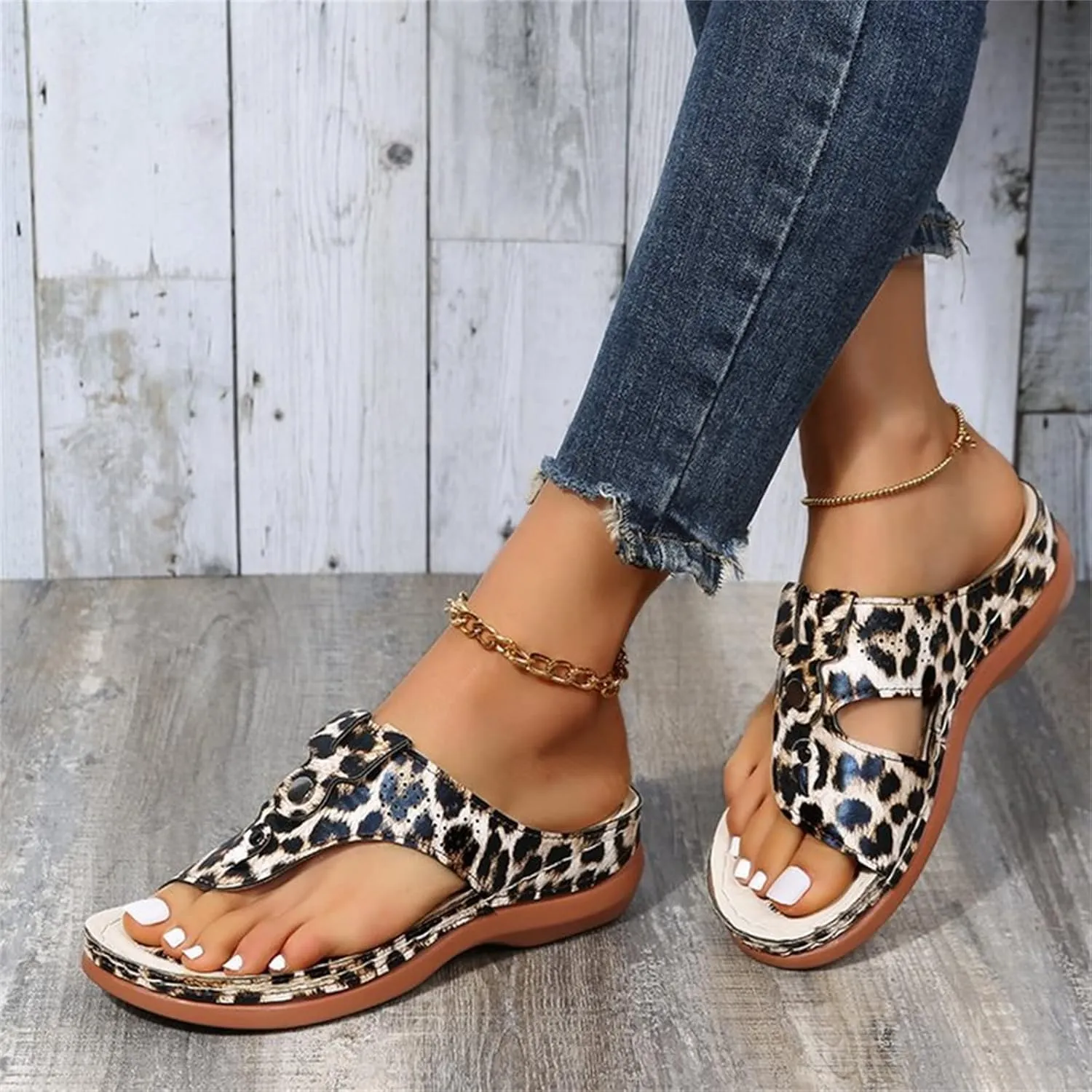 DOIX Women Bunion Correction Flip Flops Summer Beach Comfortable Thong Wedge Sandals with Arch Support Plantar Fasciitis Walking Shoes Non Slip Outdoor Slippers,Leopard Print,US8/EU39