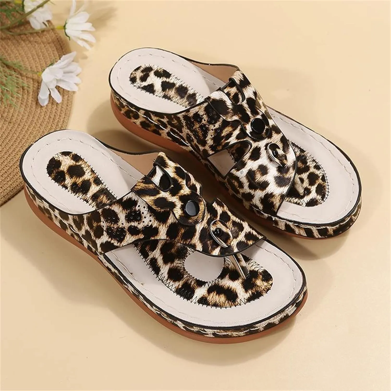 DOIX Women Bunion Correction Flip Flops Summer Beach Comfortable Thong Wedge Sandals with Arch Support Plantar Fasciitis Walking Shoes Non Slip Outdoor Slippers,Leopard Print,US8/EU39