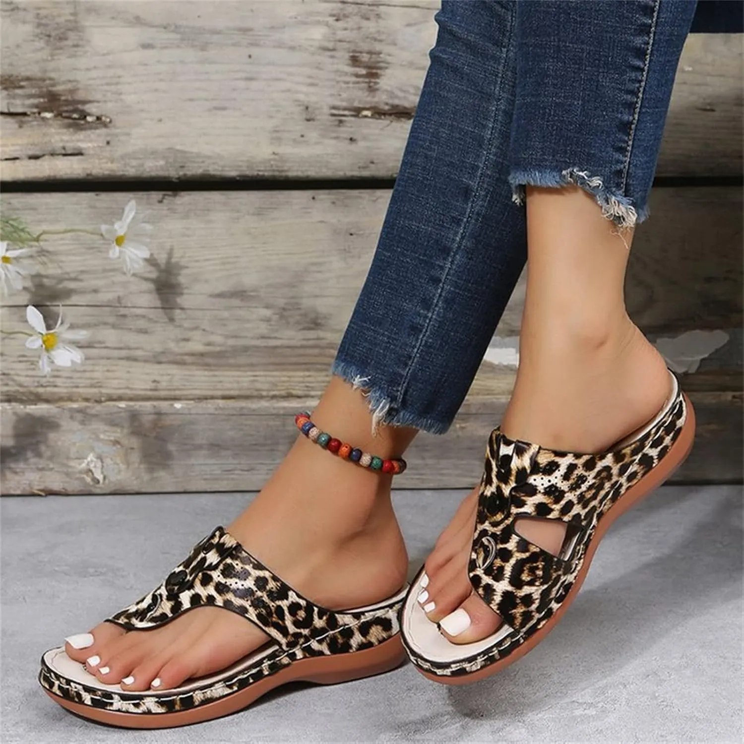 DOIX Women Bunion Correction Flip Flops Summer Beach Comfortable Thong Wedge Sandals with Arch Support Plantar Fasciitis Walking Shoes Non Slip Outdoor Slippers,Leopard Print,US8/EU39