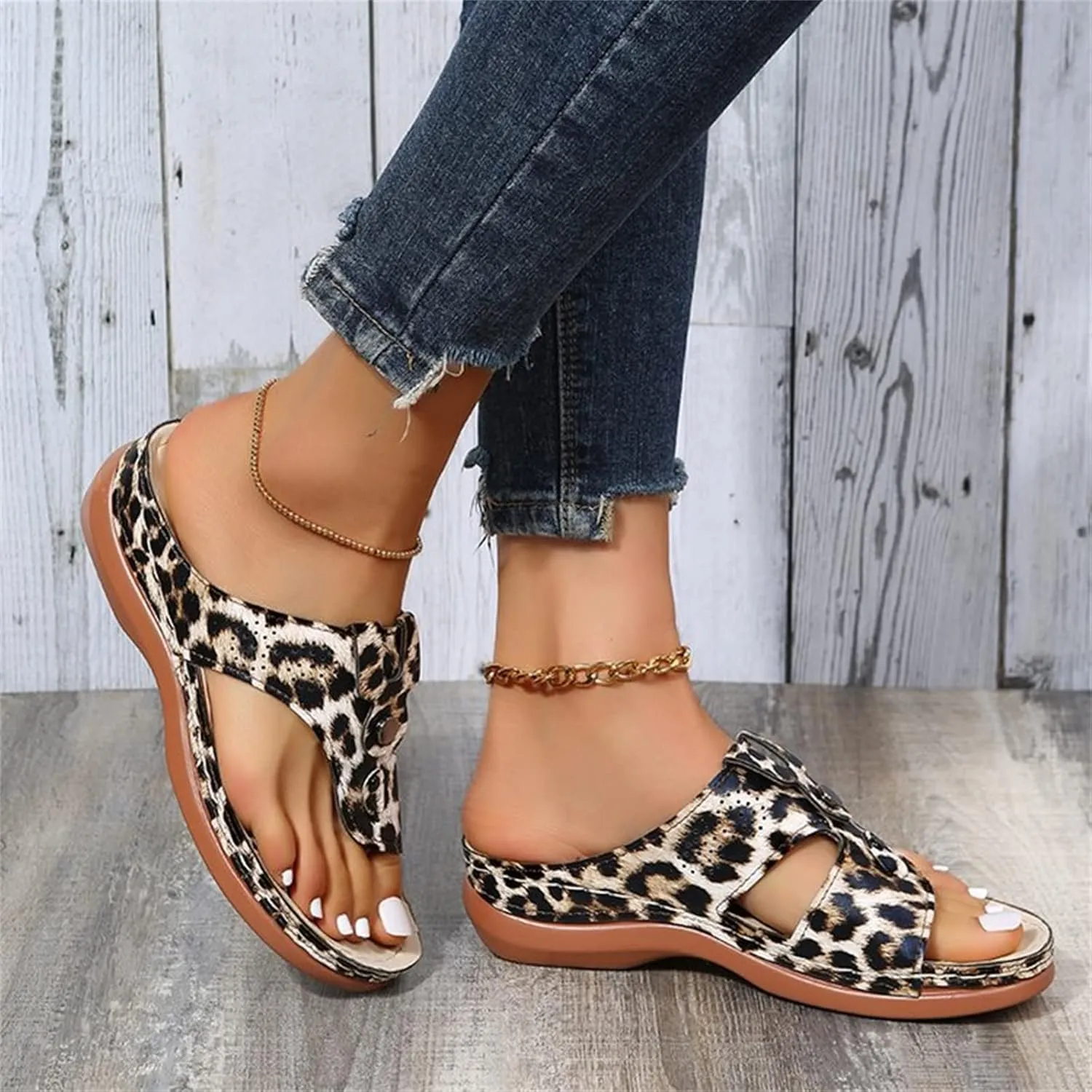 DOIX Women Bunion Correction Flip Flops Summer Beach Comfortable Thong Wedge Sandals with Arch Support Plantar Fasciitis Walking Shoes Non Slip Outdoor Slippers,Leopard Print,US8/EU39