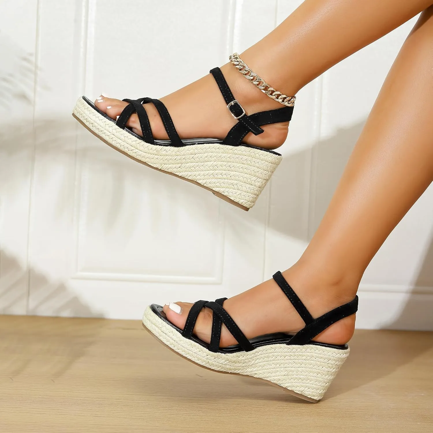 Dressy Open Toe Sandals Platform Wedge Sandals with Cushioned Insole and Ankle Strap Buckle,Strappy Espadrille Wedge Sandals for Women Comfortable Summer