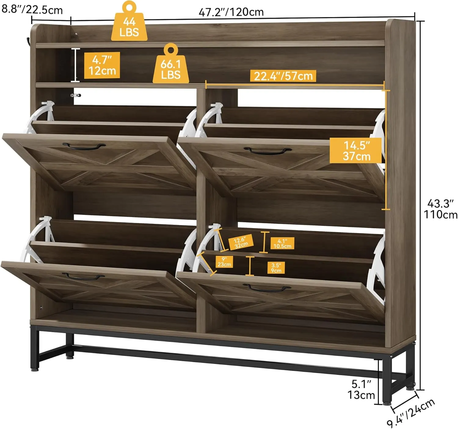 DWVO 4-Tier Flip Shoe Storage Cabinet - Holds 24 Pairs, Design with Metal Legs, for Entryway, Living Room, Hallway (Grey)