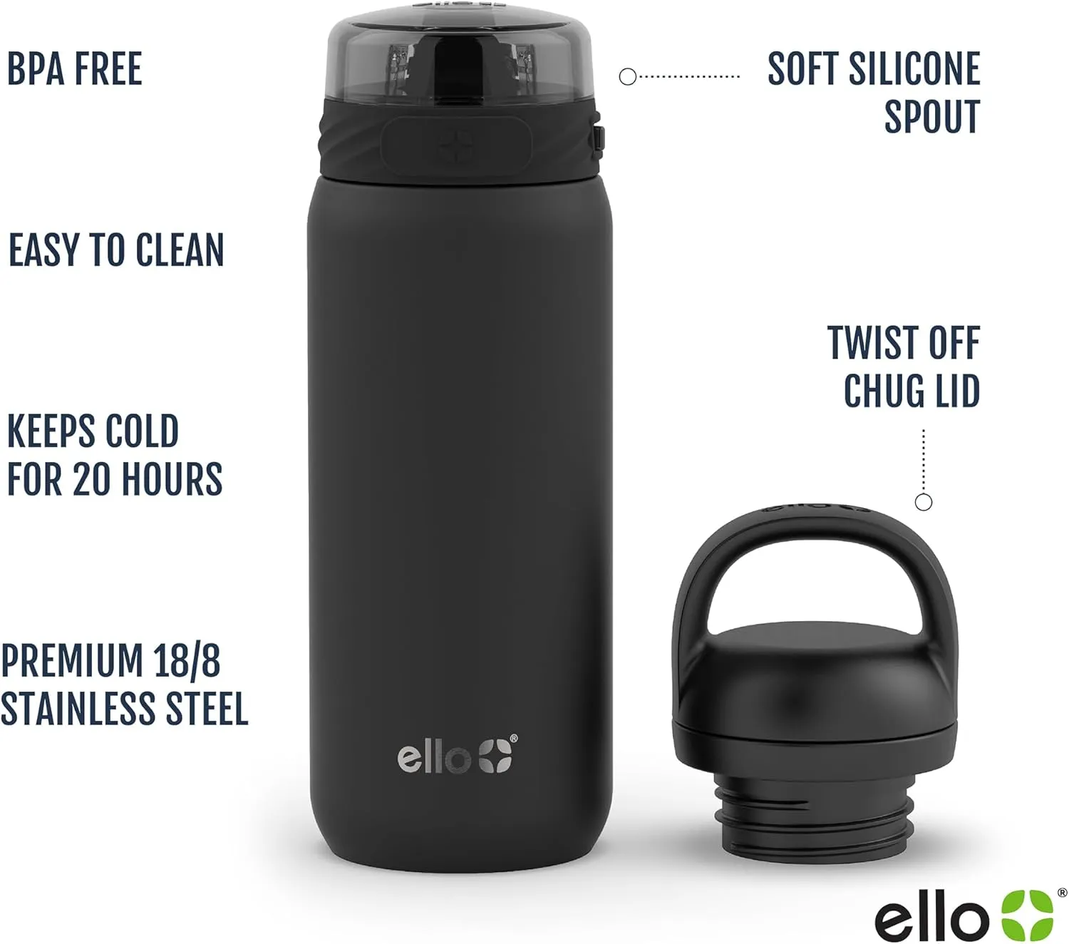 Ello Cooper 18oz Kids Stainless Steel Water Bottle with 2 Lids Chug and Straw | Leak Proof Double Walled and Vacuum Insulated | Fits Car Cupholder | Built in Carry Loop | Dishwasher Safe | Black