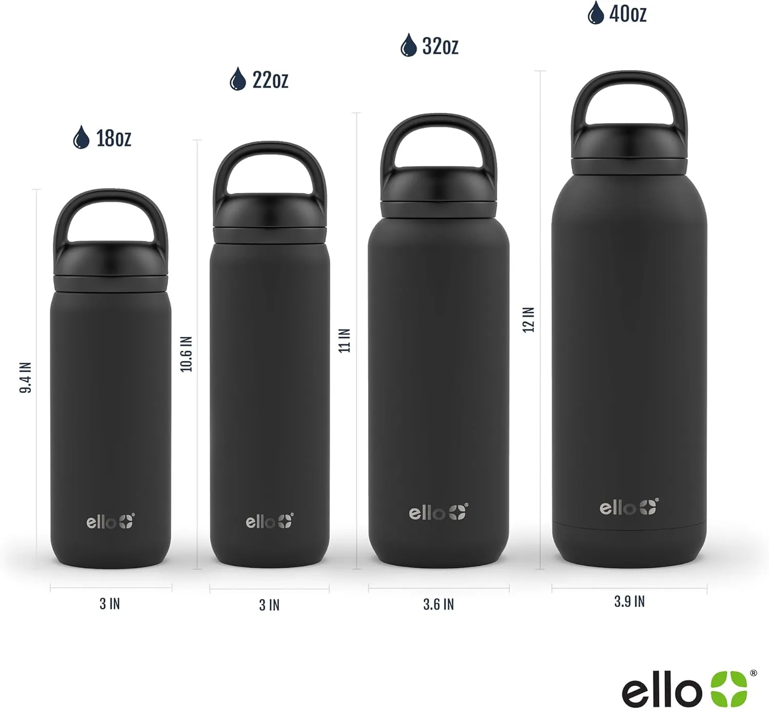 Ello Cooper 18oz Kids Stainless Steel Water Bottle with 2 Lids Chug and Straw | Leak Proof Double Walled and Vacuum Insulated | Fits Car Cupholder | Built in Carry Loop | Dishwasher Safe | Black