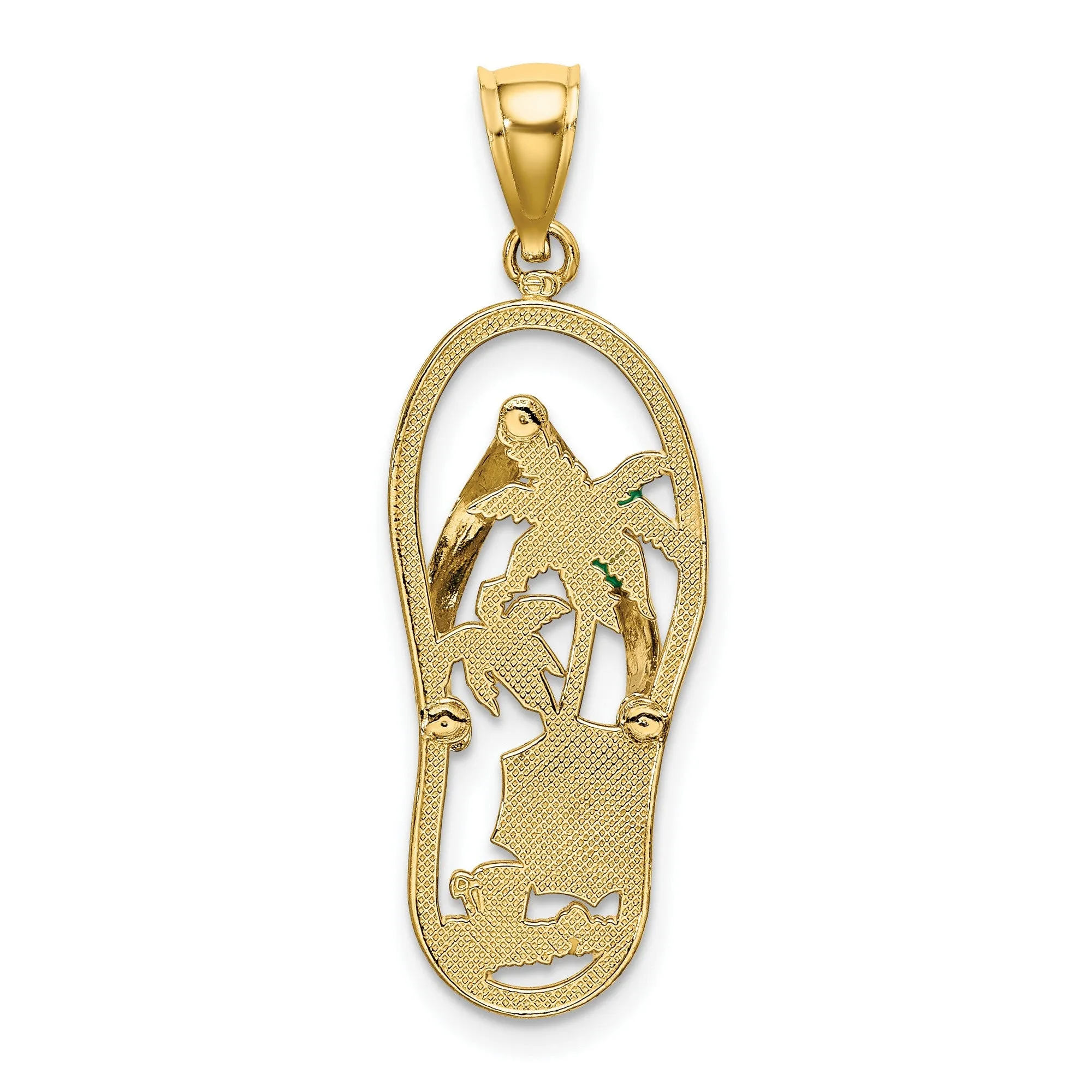 Enameled Palm Tree Umbrella and Pail on Flip Flop Sandal Charm Pendant in Real 14k Yellow Gold