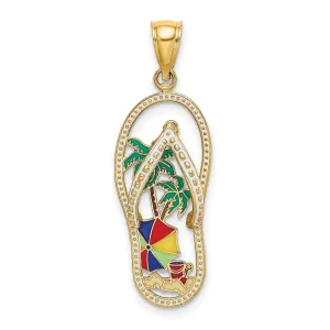 Enameled Palm Tree Umbrella and Pail on Flip Flop Sandal Charm Pendant in Real 14k Yellow Gold