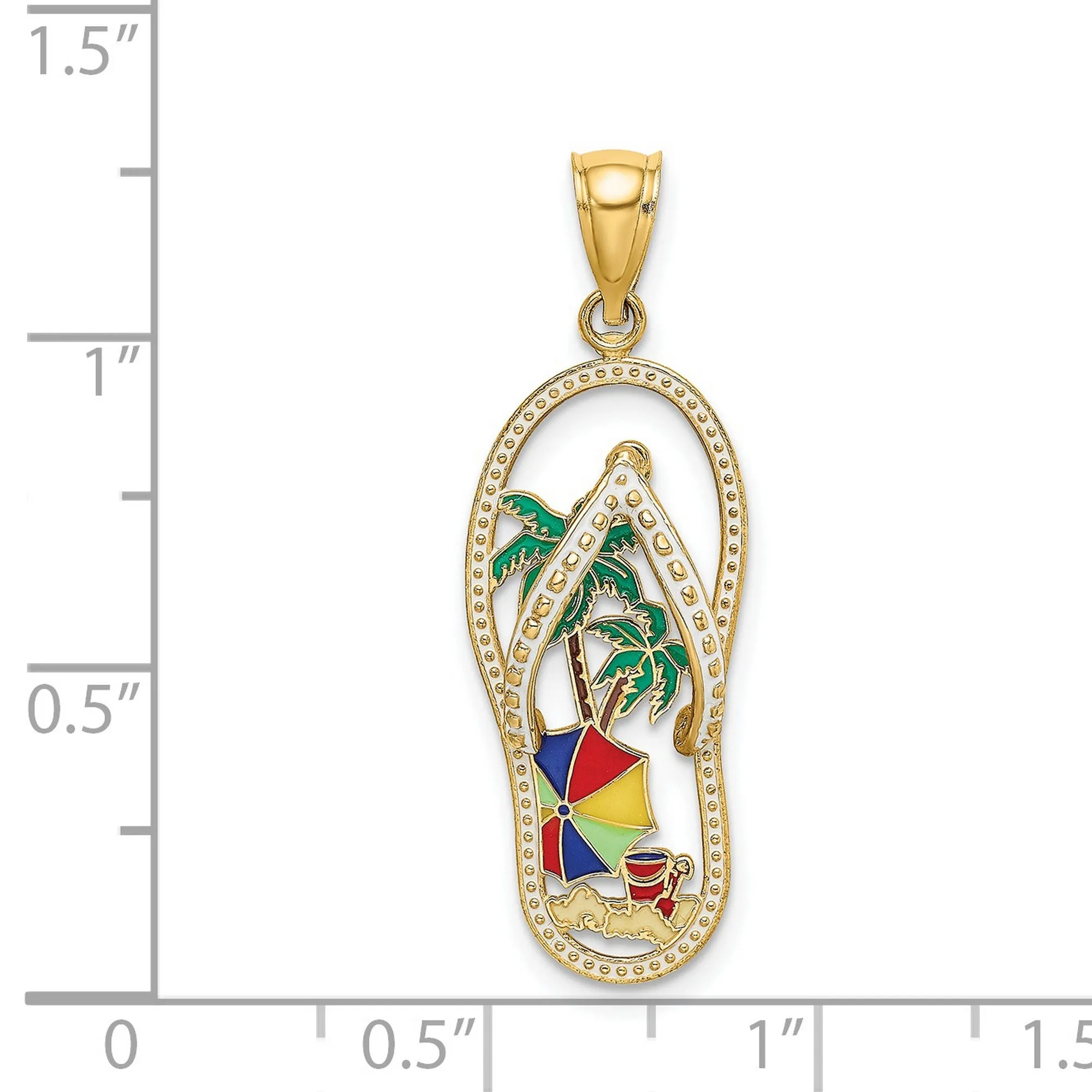 Enameled Palm Tree Umbrella and Pail on Flip Flop Sandal Charm Pendant in Real 14k Yellow Gold