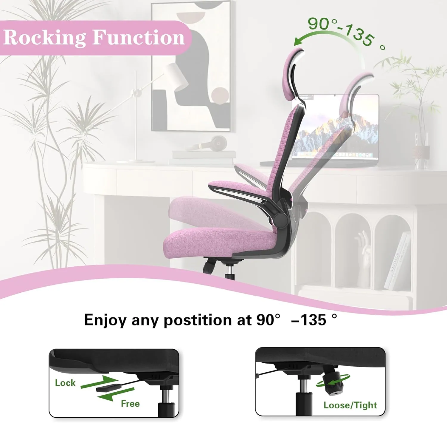 Ergonomic Office Chair for Long Hours & Back Pain Relief – Adjustable Lumbar Support & Headrest, High-Density Foam Cushion, Flip-Up Armrests, Ideal for Work & Study, Light Purple