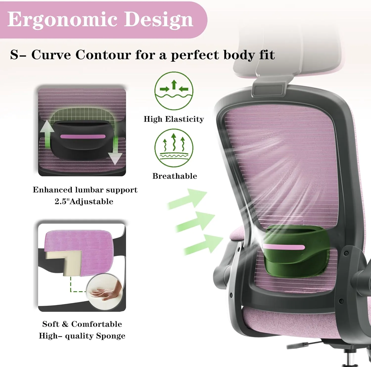 Ergonomic Office Chair for Long Hours & Back Pain Relief – Adjustable Lumbar Support & Headrest, High-Density Foam Cushion, Flip-Up Armrests, Ideal for Work & Study, Light Purple