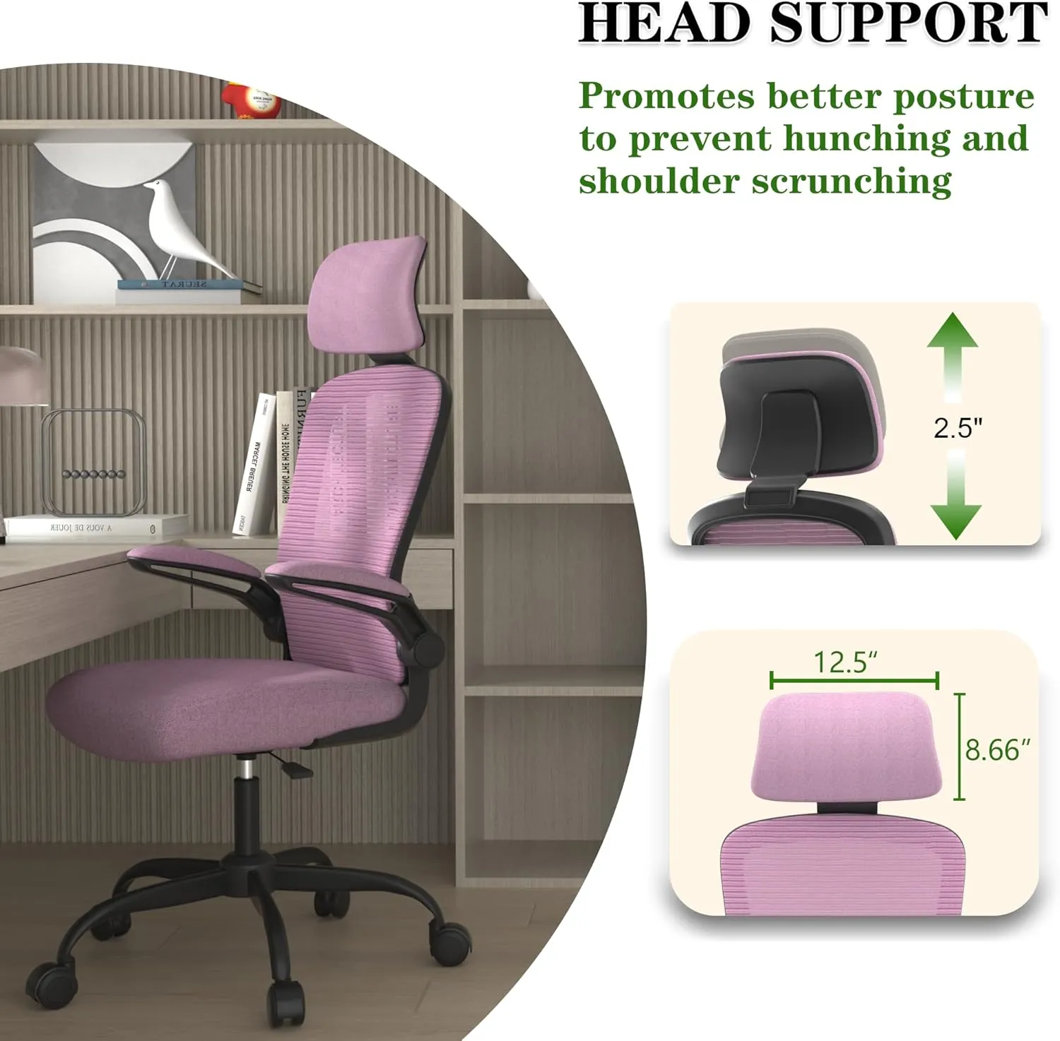 Ergonomic Office Chair for Long Hours & Back Pain Relief – Adjustable Lumbar Support & Headrest, High-Density Foam Cushion, Flip-Up Armrests, Ideal for Work & Study, Light Purple