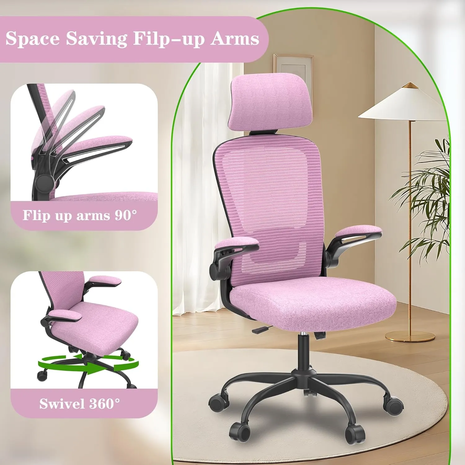 Ergonomic Office Chair for Long Hours & Back Pain Relief – Adjustable Lumbar Support & Headrest, High-Density Foam Cushion, Flip-Up Armrests, Ideal for Work & Study, Light Purple