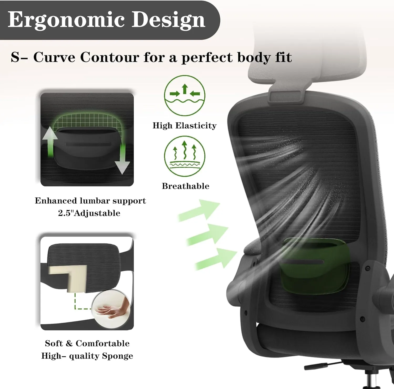Ergonomic Office Chair for Long Hours & Back Pain Relief – Adjustable Lumbar Support & Headrest, High-Density Foam Cushion, Flip-Up Armrests, Perfect for Work & Study, Black