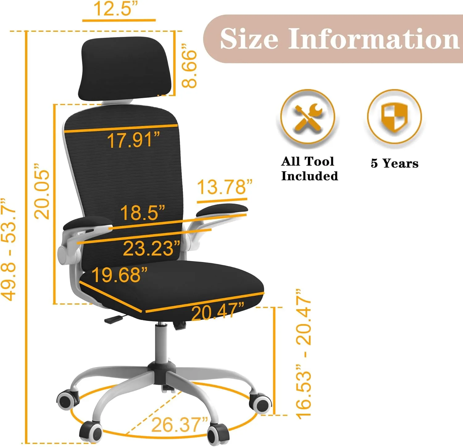 Ergonomic Office Chair for Long Hours & Back Pain Relief – Adjustable Lumbar Support & Headrest, High-Density Foam Cushion, Flip-Up Armrests, Perfect for Work & Study, Black