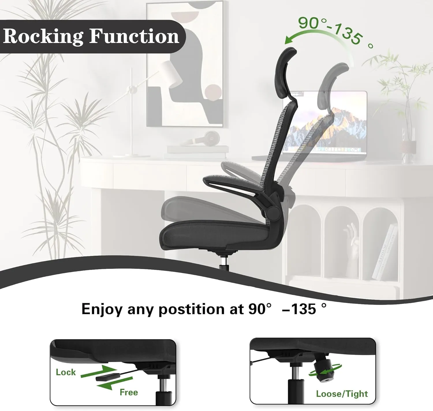 Ergonomic Office Chair for Long Hours & Back Pain Relief – Adjustable Lumbar Support & Headrest, High-Density Foam Cushion, Flip-Up Armrests, Perfect for Work & Study, Black