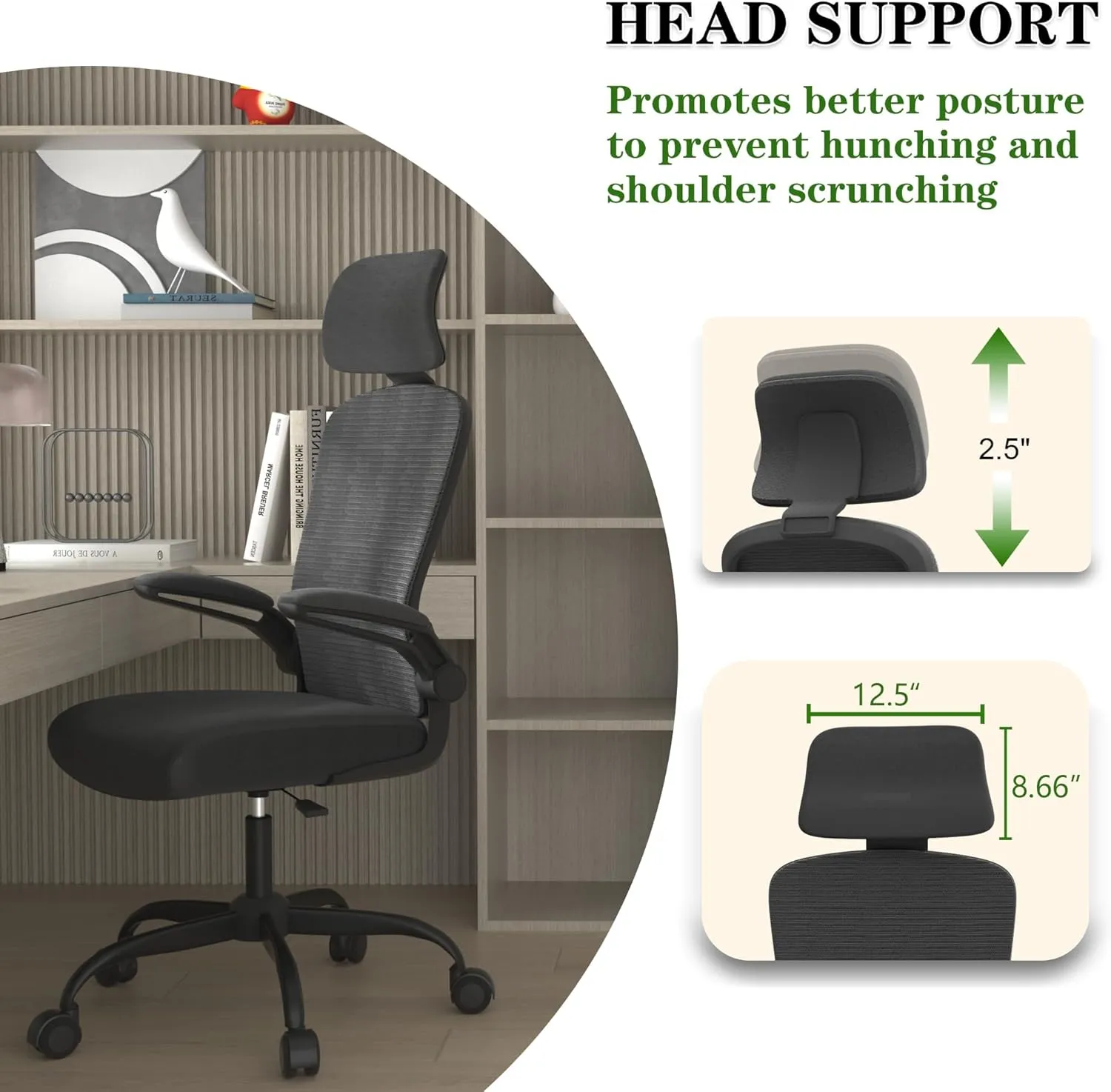 Ergonomic Office Chair for Long Hours & Back Pain Relief – Adjustable Lumbar Support & Headrest, High-Density Foam Cushion, Flip-Up Armrests, Perfect for Work & Study, Black