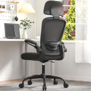 Ergonomic Office Chair for Long Hours & Back Pain Relief – Adjustable Lumbar Support & Headrest, High-Density Foam Cushion, Flip-Up Armrests, Perfect for Work & Study, Black