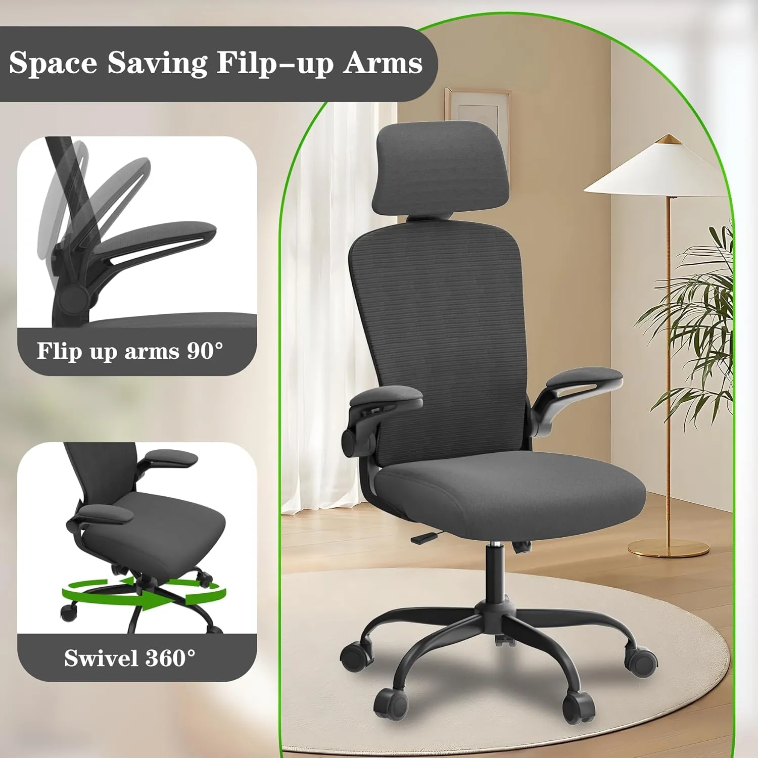 Ergonomic Office Chair for Long Hours & Back Pain Relief – Adjustable Lumbar Support & Headrest, High-Density Foam Cushion, Flip-Up Armrests, Perfect for Work & Study, Black