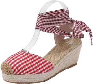 Espadrilles Wedge Sandals for Women Low Heel Plaid Sandals Closed Toe Platform Ankle Strap Lace Up Cute Summer Shoes