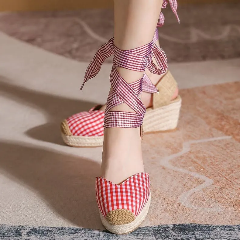 Espadrilles Wedge Sandals for Women Low Heel Plaid Sandals Closed Toe Platform Ankle Strap Lace Up Cute Summer Shoes