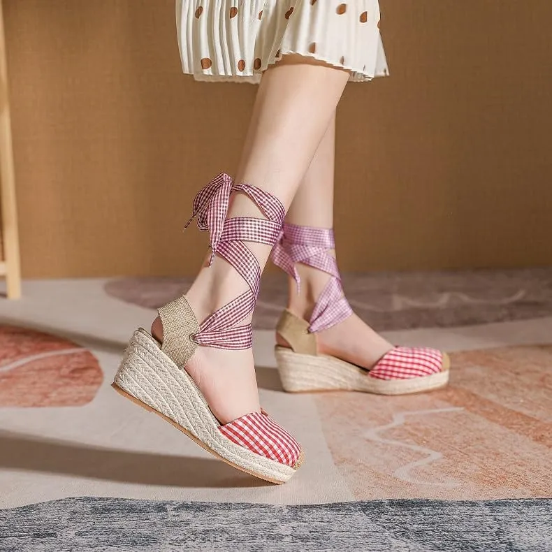 Espadrilles Wedge Sandals for Women Low Heel Plaid Sandals Closed Toe Platform Ankle Strap Lace Up Cute Summer Shoes