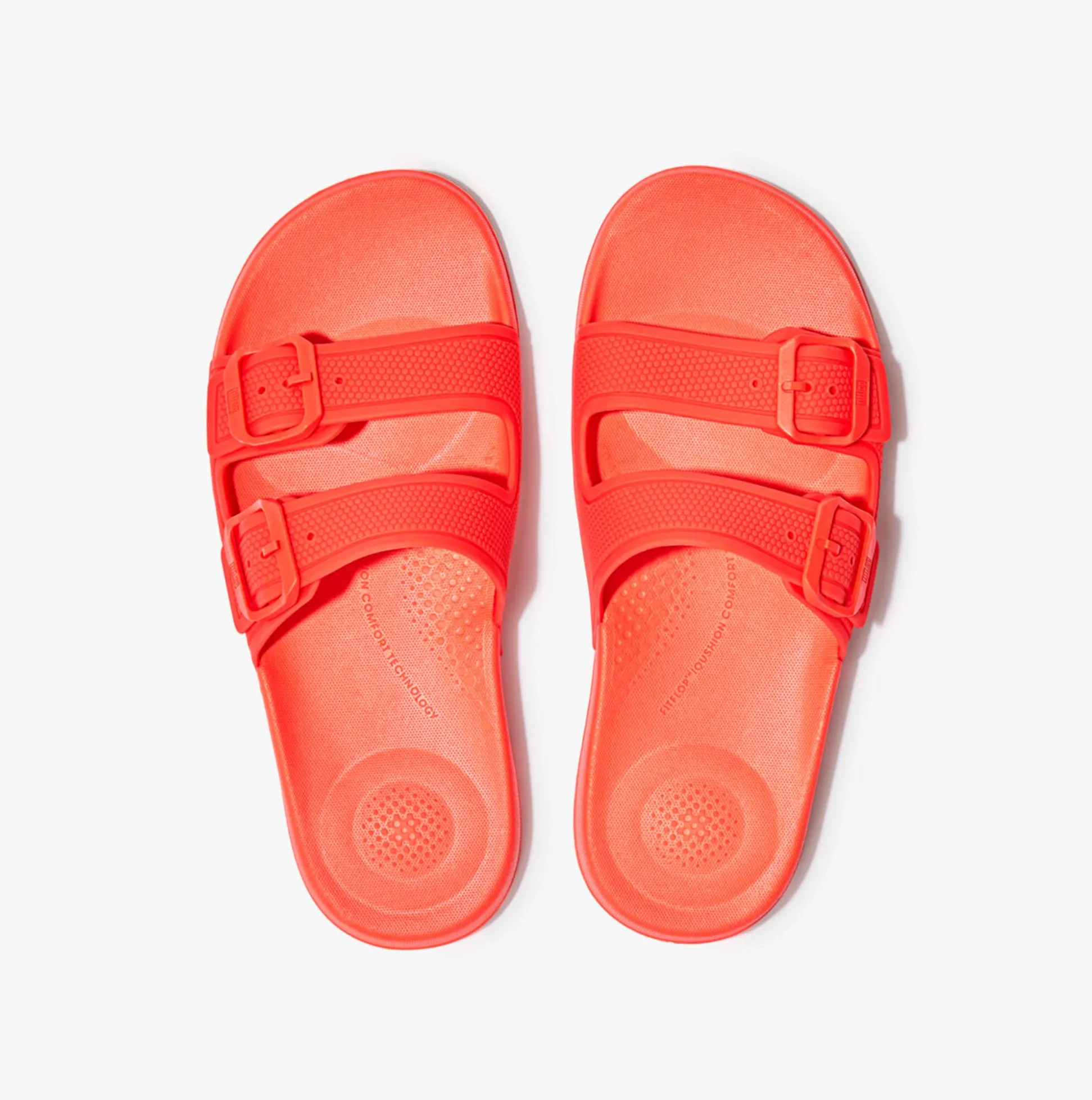 FitFlop iQUSHION TWO-BAR BUCKLE SLIDES Womens Neon Orange