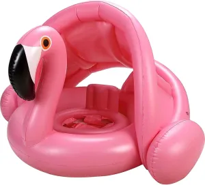 Flamingo Baby Swimming Ring with UPF 50  Canopy Back Holder & Wings Airbag Never Flip Over, Inflatable Baby Pool Float Sunshade for 8-36 Months Infant Toddler Beach Water Toys Summer Luau Party Favors