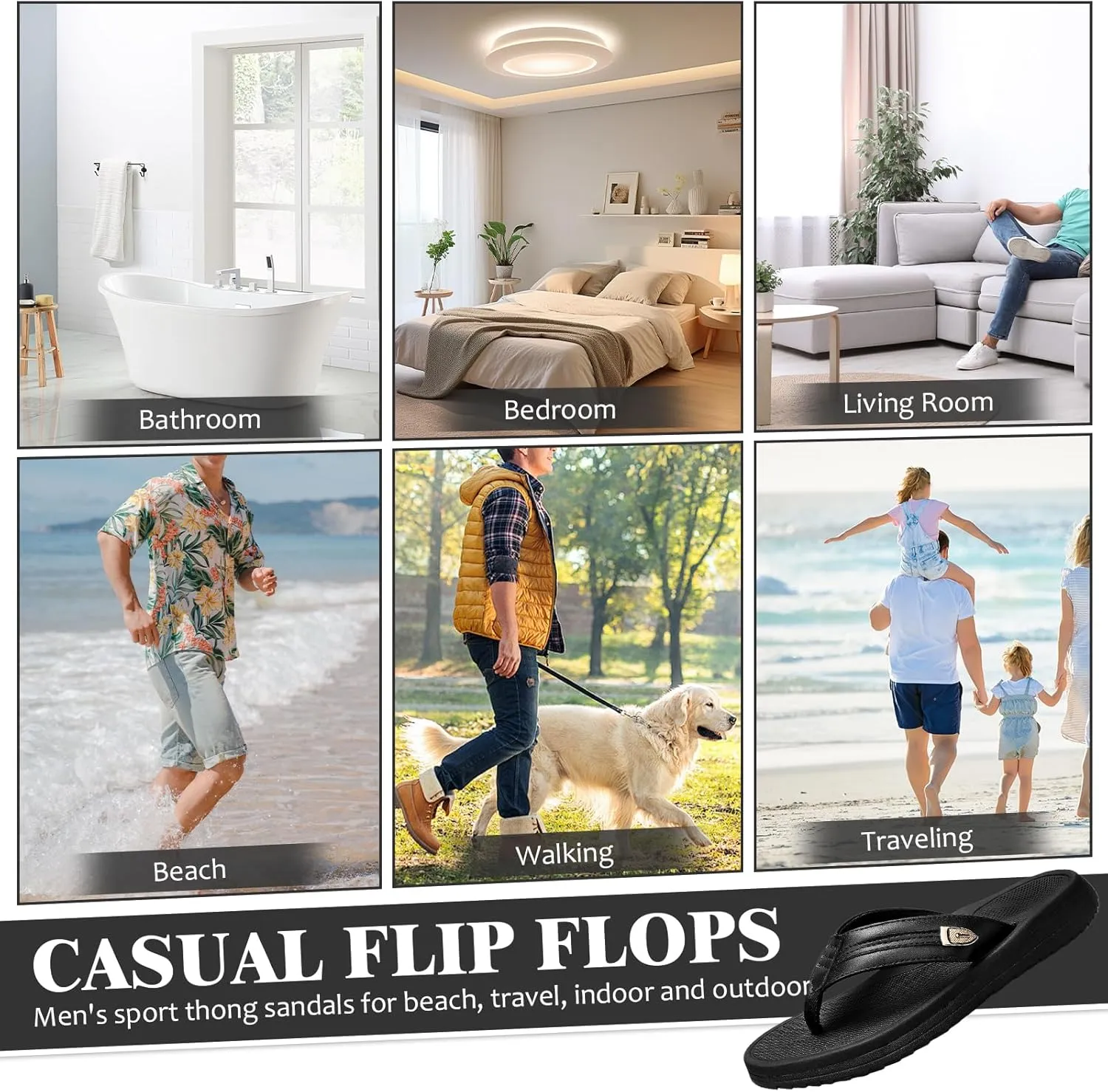 Flip Flop for Men Lightweight Summer Beach Sandals with Arch Support Comfortable Waterproof Non-Slip Sole Cushion Slip on Slippers Indoor Outdoor