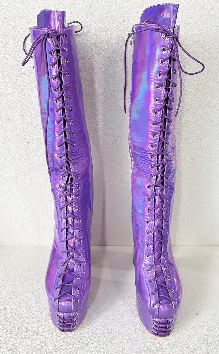 Frankie Hsu Ladies Sexy Chunky platform Knee High Heeled Boots, Purple Patent Laser Lace Up Goth Lollita Style, Big Large Size US5-19 Shoes For Women Men
