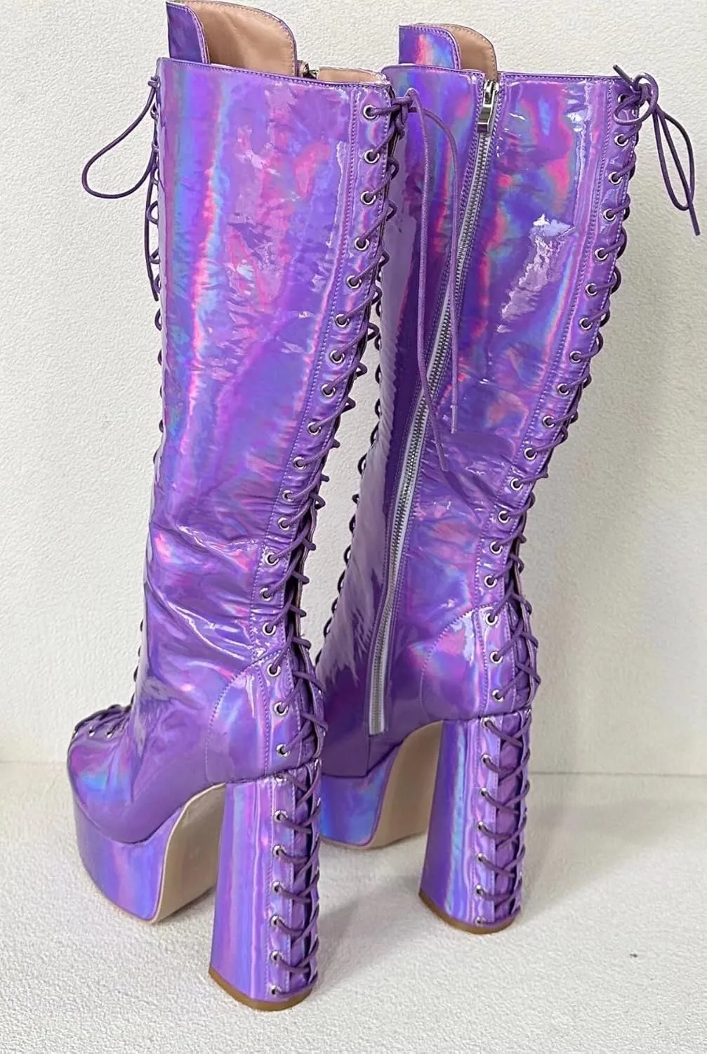 Frankie Hsu Ladies Sexy Chunky platform Knee High Heeled Boots, Purple Patent Laser Lace Up Goth Lollita Style, Big Large Size US5-19 Shoes For Women Men