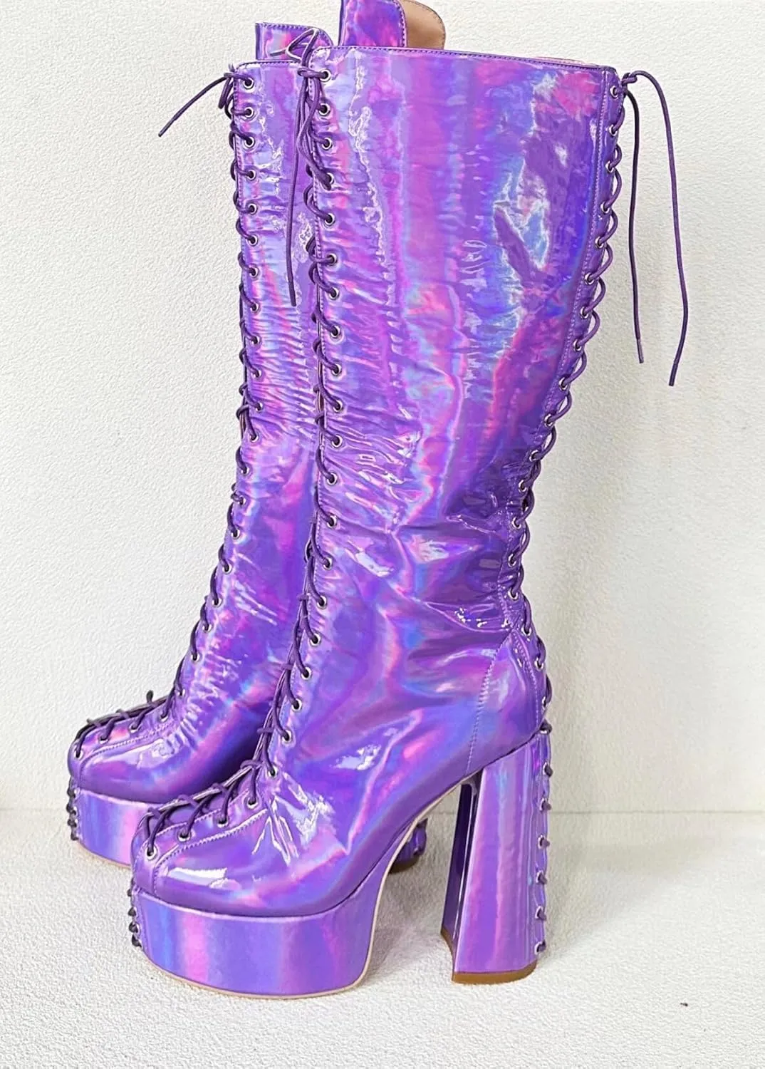Frankie Hsu Ladies Sexy Chunky platform Knee High Heeled Boots, Purple Patent Laser Lace Up Goth Lollita Style, Big Large Size US5-19 Shoes For Women Men