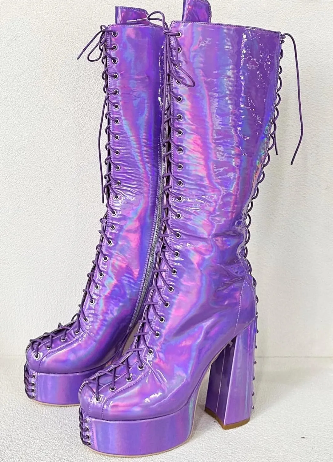 Frankie Hsu Ladies Sexy Chunky platform Knee High Heeled Boots, Purple Patent Laser Lace Up Goth Lollita Style, Big Large Size US5-19 Shoes For Women Men