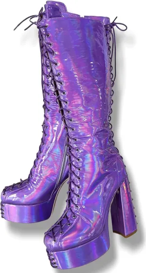 Frankie Hsu Ladies Sexy Chunky platform Knee High Heeled Boots, Purple Patent Laser Lace Up Goth Lollita Style, Big Large Size US5-19 Shoes For Women Men